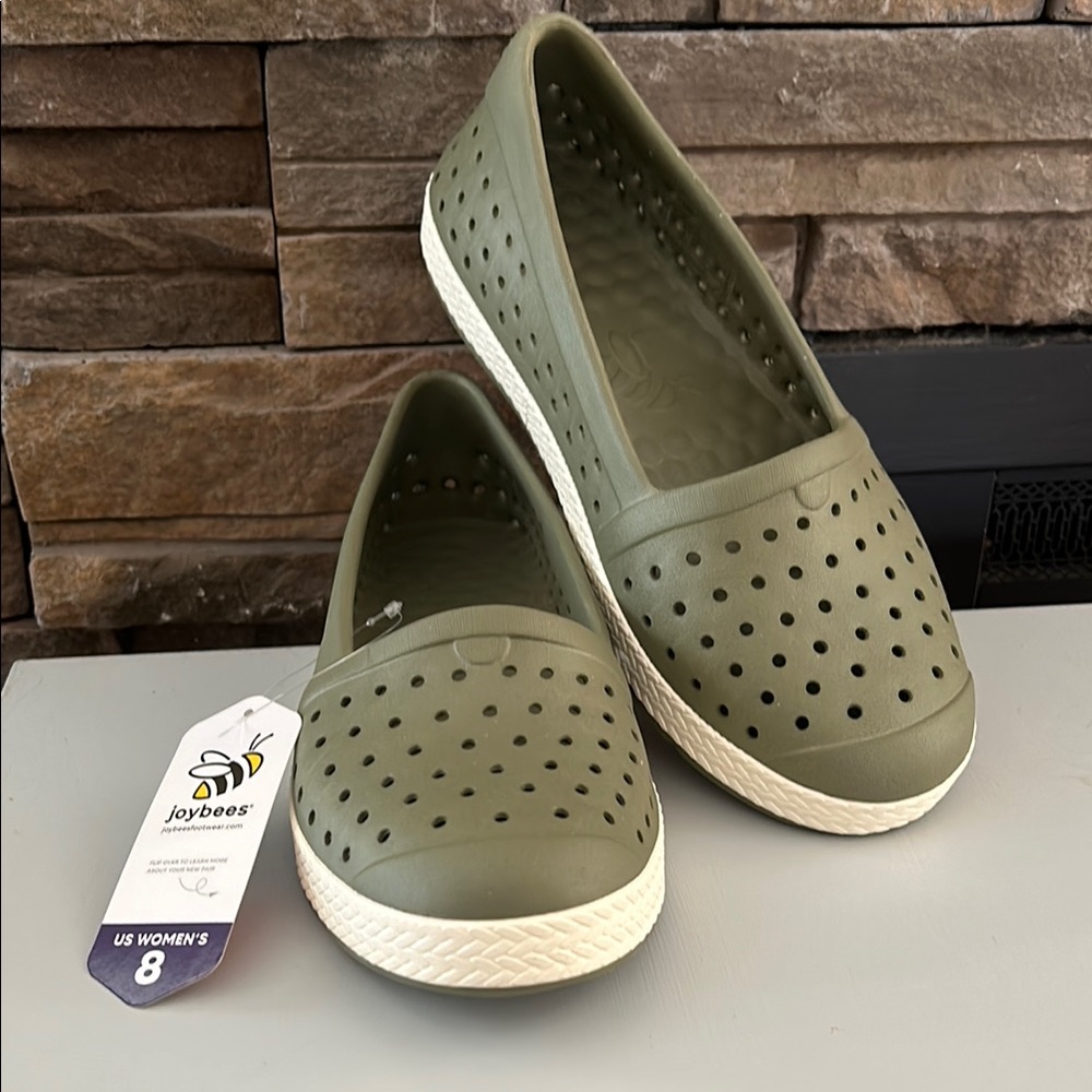 Green and White Sporty Flats with Perforated Design